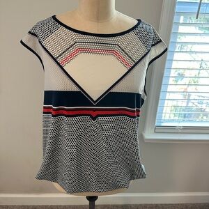 Max Studio Navy and White with Orange Accents Geometric Blouse